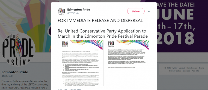 Организаторы гей-парада в Эдмонтоне не допускают участия в нем консерваторов