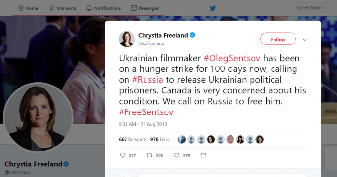 Канада требует от России освобождения Олега Сенцова