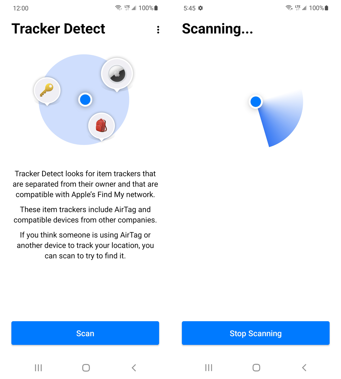 Apple's Tracker Detect app for Android lets you scan for nearby AirTags.