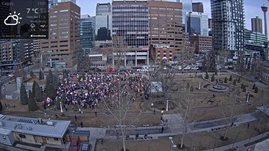 Protesters gathered at Central Memorial Park in Calgary Mar. 19, 2022