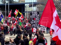 Protesters at Calgary city hall Mar. 19, 2022